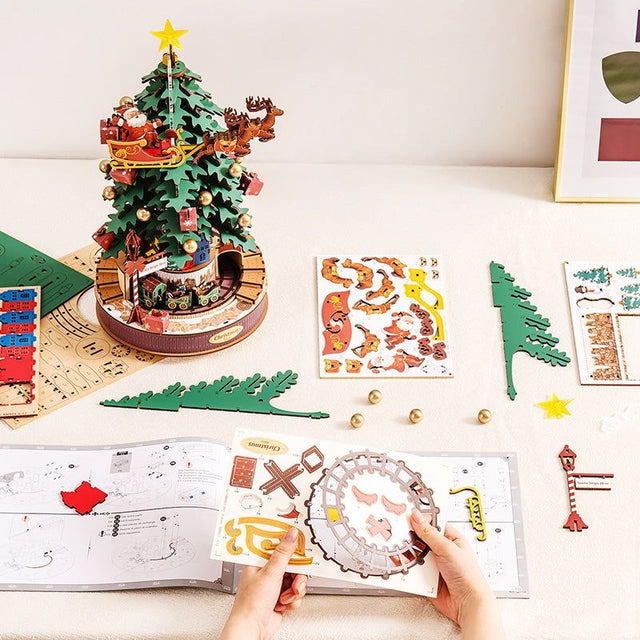 3D Wooden Puzzles Music Box Christmas Tree DIY Building Model Kit Xmas Gift