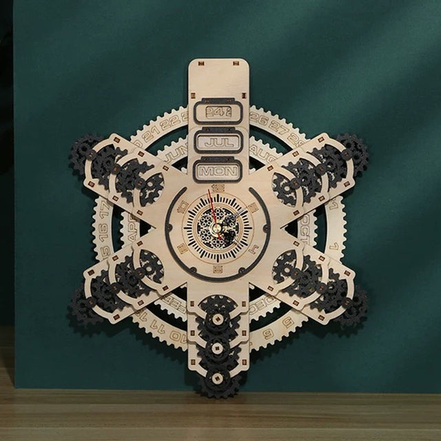 3D Wooden Wall Clock Puzzle DIY Mechanical Quartz Kit Calendar Model Home Decor