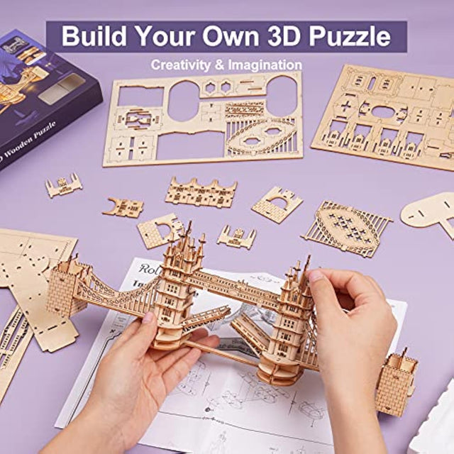 3D Wooden Puzzles London Tower Bridge Model Kit Led Light DIY Games Gift