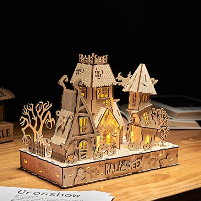 3D Wooden Puzzles Halloween House Kits With Light Strip