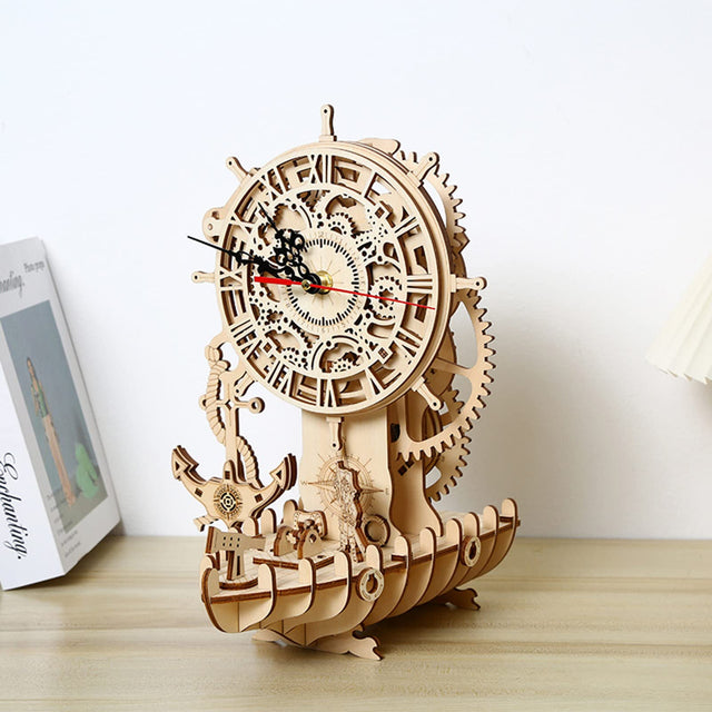 3D Wooden DlY Handmade Pirate Ship Clock Model Kit Assembly Puzzle Gift Decor