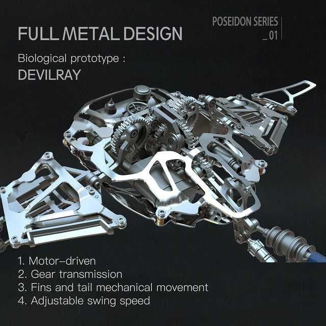 3D Metal Manta Ray Mechanical Marine Biological Assembly Model with Lights