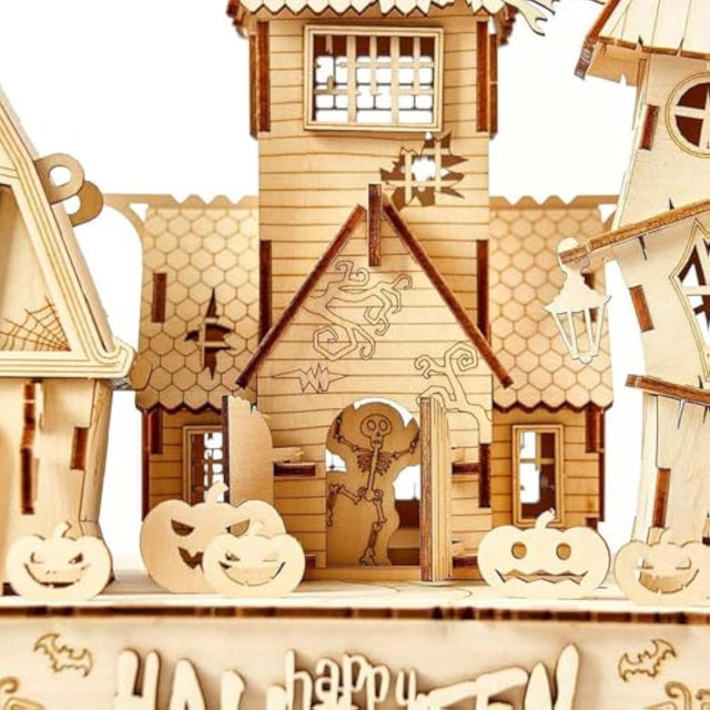 3D Wooden Puzzles Halloween House Kits With Light Strip