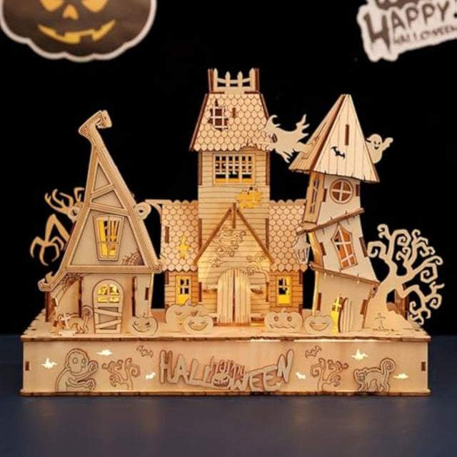 3D Wooden Puzzles Halloween House Kits With Light Strip