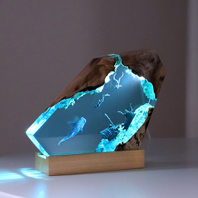 Ocean Resin Night Light Handmade Wooden Table Ornaments Lamp for Home Decor
