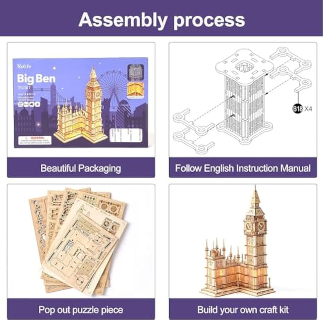 3D Wooden Puzzles Big Ben Craft Model Kit Led Light DIY Games Gift
