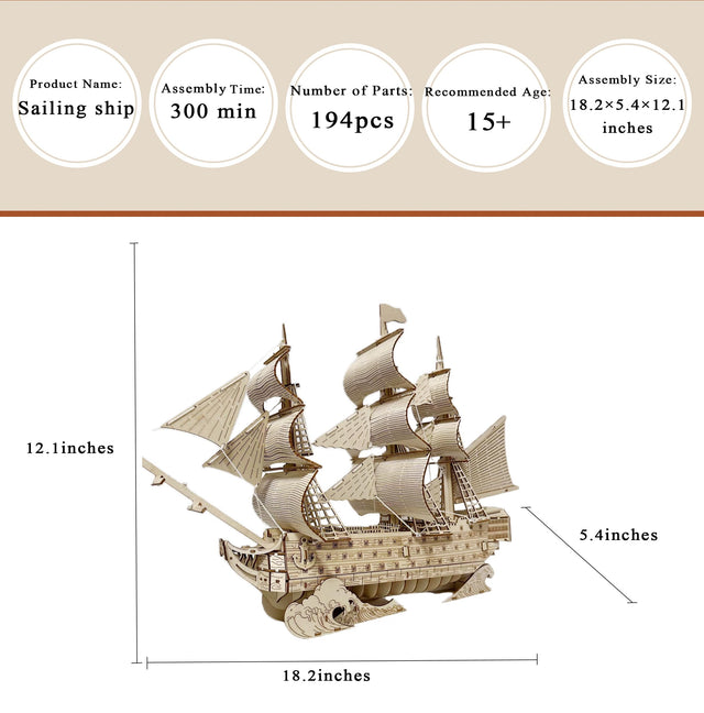 3D Wooden DlY Handmade Sailing Ship Assembled Model Sailboat Kit Puzzle Toy