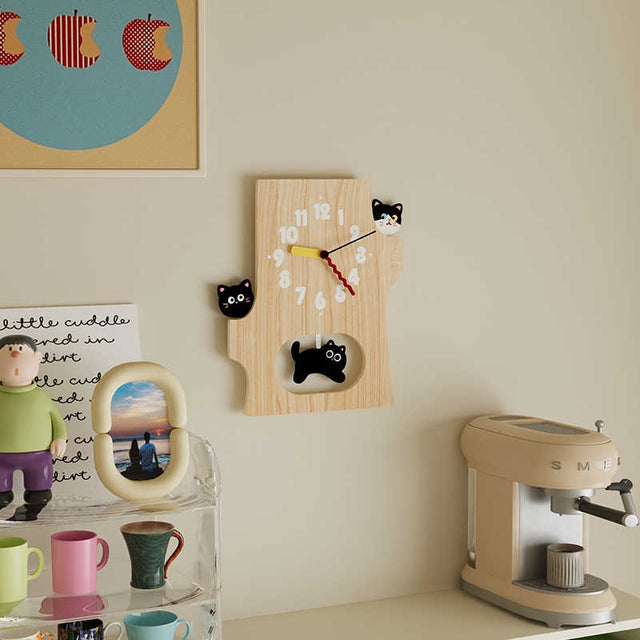 15 Inch Cute Cat Wall Clock Running Cat Wooden Silent Clock for Room Decor Gift