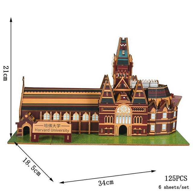 3D Wooden Puzzle DIY Toy Famous Universities Building Harvard Stanford Model