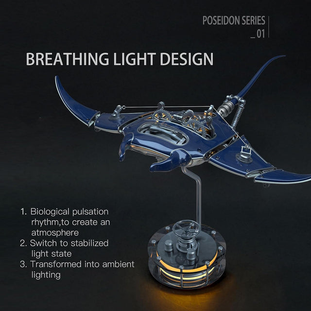 3D Metal Manta Ray Mechanical Marine Biological Assembly Model with Lights