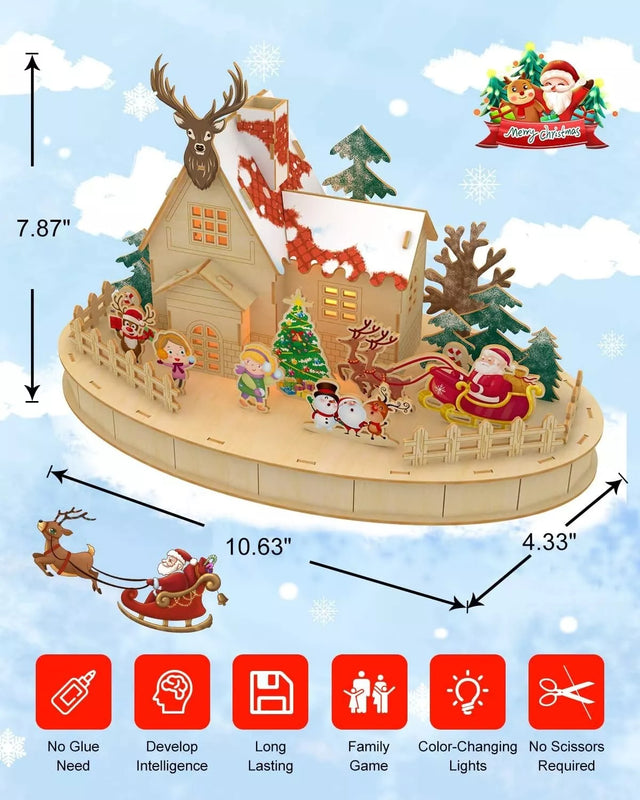 3D Christmas Wooden Jigsaw Puzzle Decor with LED Lights Snow Cottage Model Kit