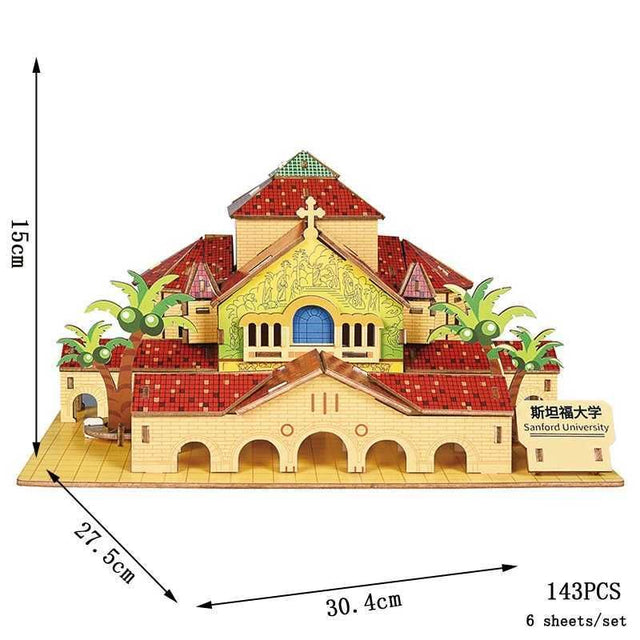3D Wooden Puzzle DIY Toy Famous Universities Building Harvard Stanford Model