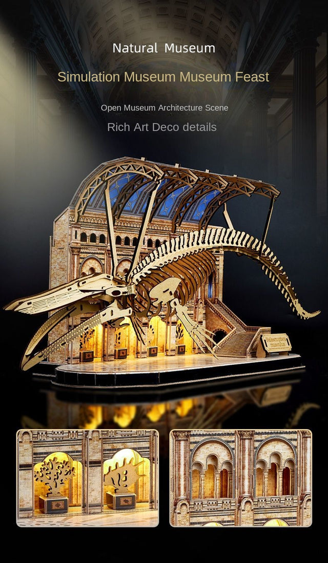 3D Wooden Puzzle Mechanical Natural Blue Whale Museum with Light Model Kit