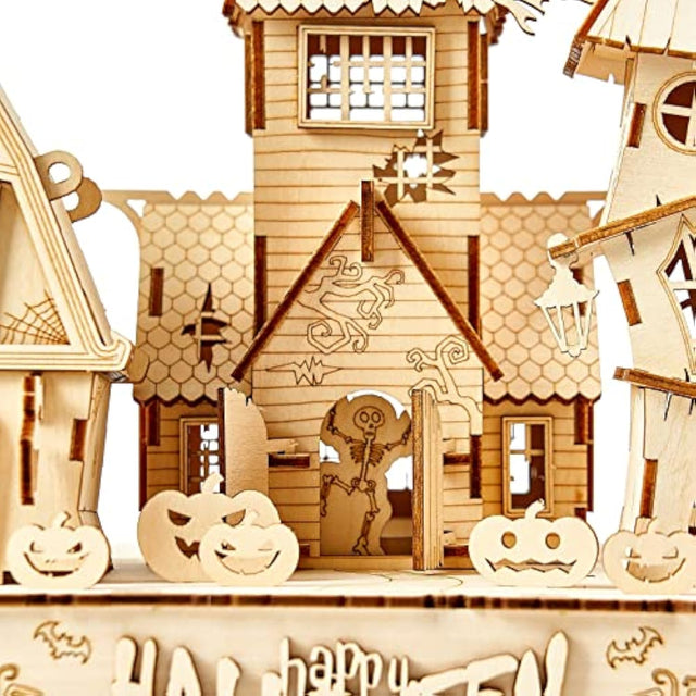 3D Wooden Puzzles Halloween House Kits With Light Strip