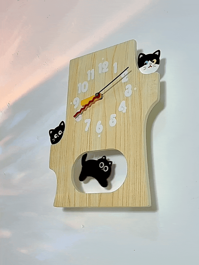 15 Inch Cute Cat Wall Clock Running Cat Wooden Silent Clock for Room Decor Gift