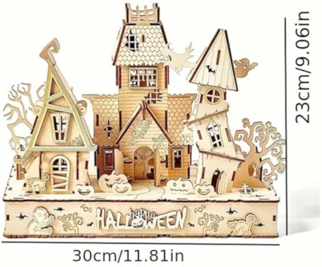 3D Wooden Puzzles Halloween House Kits With Light Strip