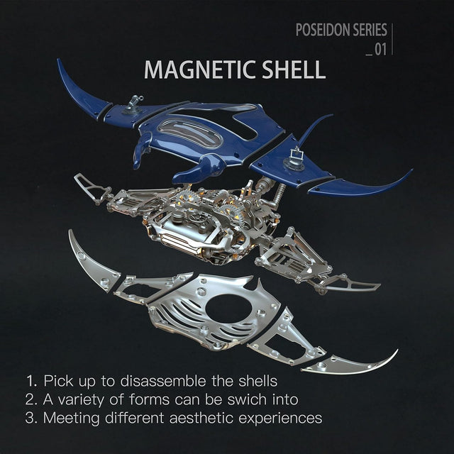 3D Metal Manta Ray Mechanical Marine Biological Assembly Model with Lights