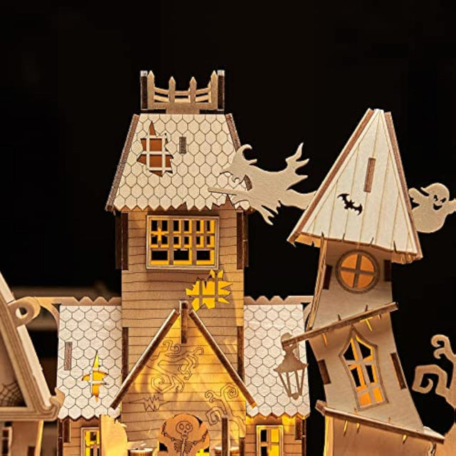 3D Wooden Puzzles Halloween House Kits With Light Strip