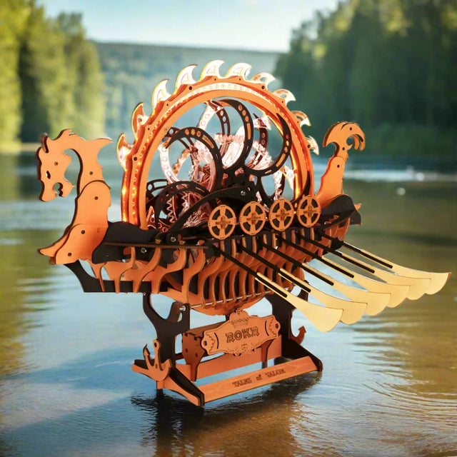 3D Wooden Puzzle for Adults Viking Dragon Ship with LED Lights Model Kits