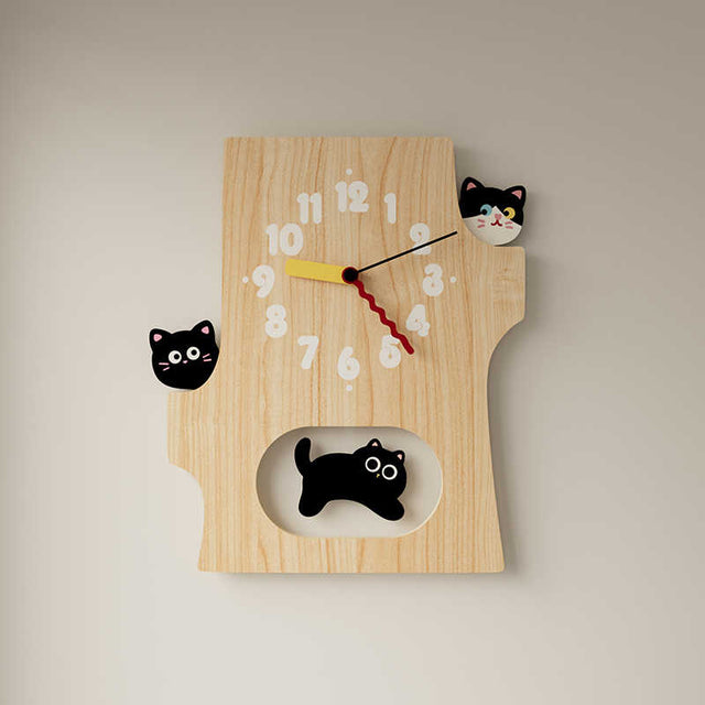 15 Inch Cute Cat Wall Clock Running Cat Wooden Silent Clock for Room Decor Gift