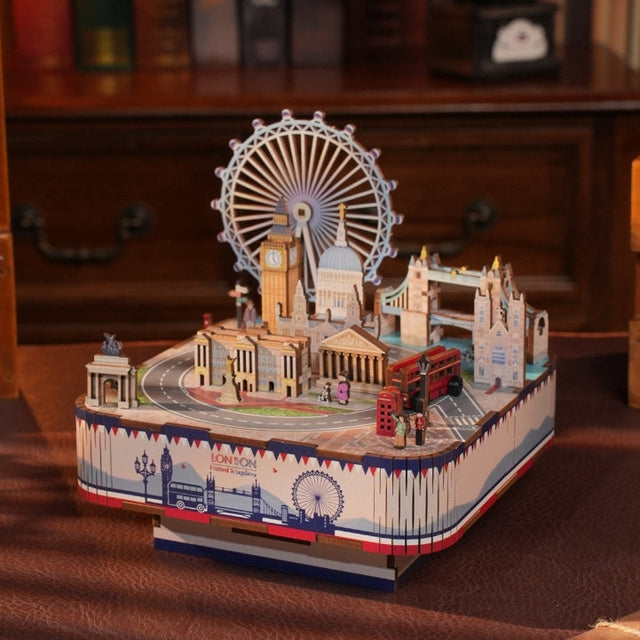 DIY Rotating Music Box Puzzle LONDON City Style 3D Wooden Puzzles Crafts Model