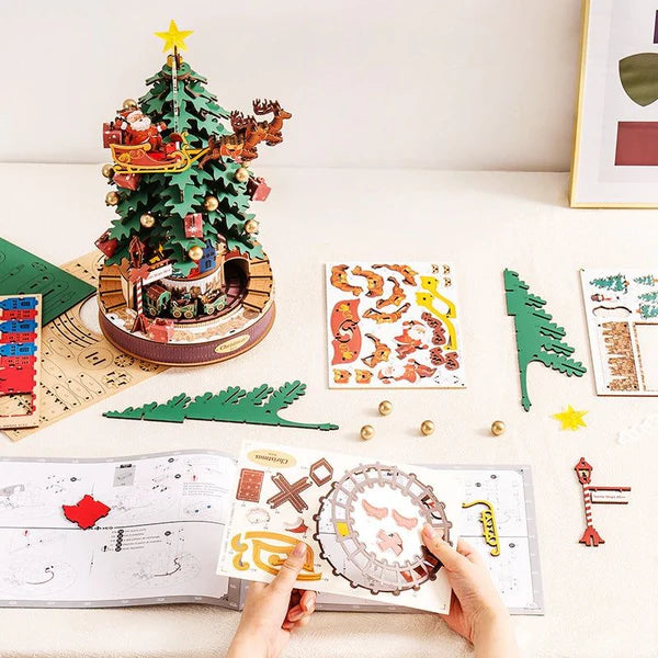 3D Wooden Puzzles Music Box Christmas Tree DIY Building Model Kit Xmas Gift