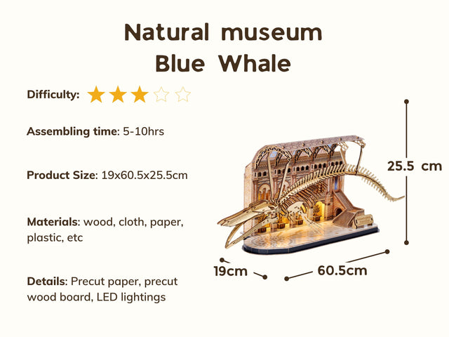 3D Wooden Puzzle Mechanical Natural Blue Whale Museum with Light Model Kit