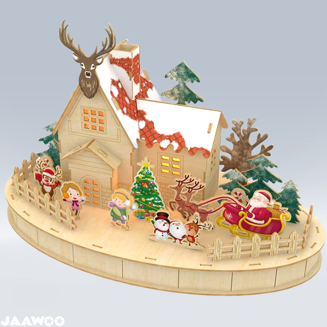 3D Christmas Wooden Jigsaw Puzzle Decor with LED Lights Snow Cottage Model Kit