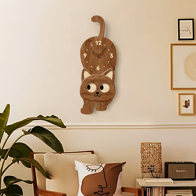10 Inch Cute Cat Wall Clock Moving Eyes Wooden Silent Clock for Room Decor Gift