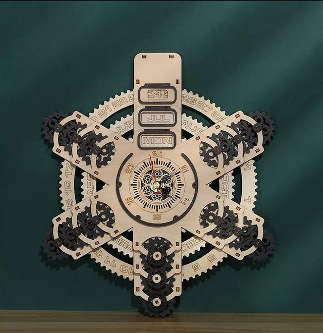 3D Wooden Wall Clock Puzzle DIY Mechanical Quartz Kit  Calendar Model Home Decor