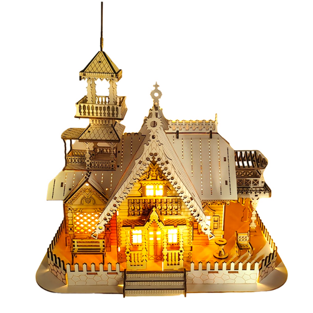 3D Wooden Puzzle Vintage Villa Model Kit DIY Assembly Toy Build in Light