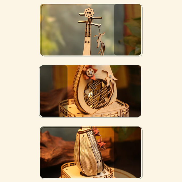 3D Wooden Music Box Puzzle Mechanical Lute Model Wooden Kit Desktop Ornament