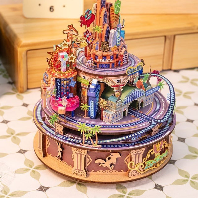 3D Wooden Puzzles Rotating Music Box Castle Town Ornament Handcrafted Model