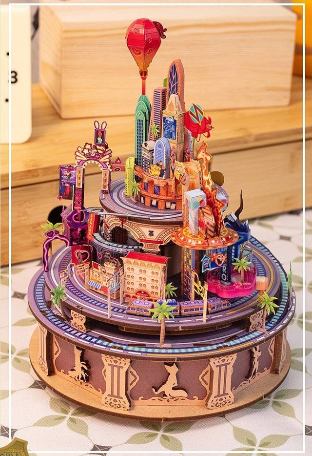 3D Wooden Puzzles Rotating Music Box Castle Town Ornament Handcrafted Model
