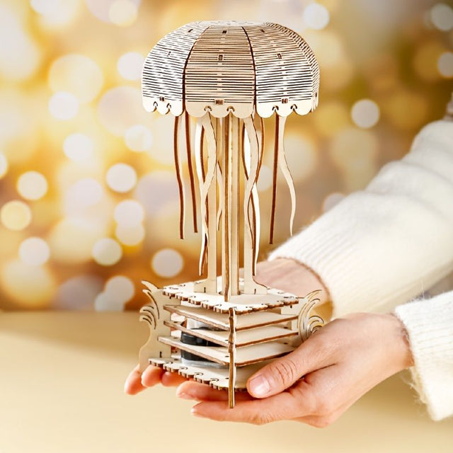 3D Wooden Music Box Puzzle Mechanical Rotating Jellyfish Model Kit Home Ornament