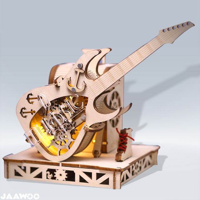 3D Wooden Music Box Puzzle Mechanical Guitar Model Wooden Kit Desktop Ornament