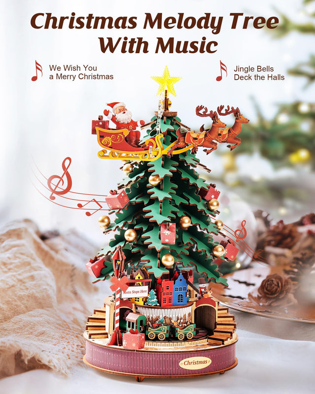 3D Wooden Puzzles Music Box Christmas Tree DIY Building Model Kit Xmas Gift