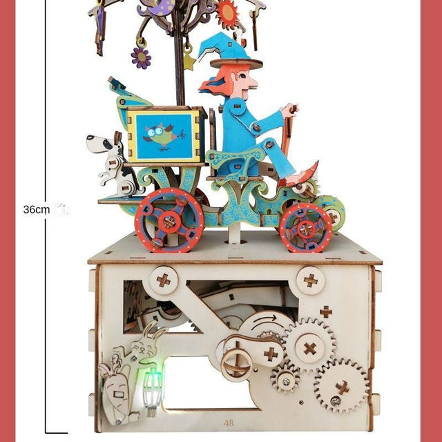 Mechanical 3D Wooden Puzzle DIY Music Box Kit Electric Car Model Fairy Tales Toy