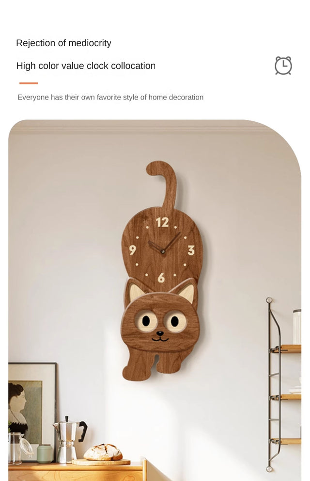 10 Inch Cute Cat Wall Clock Moving Eyes Wooden Silent Clock for Room Decor Gift