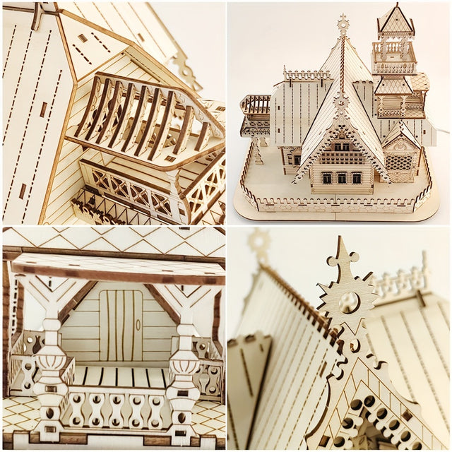 3D Wooden Puzzle Vintage Villa Model Kit DIY Assembly Toy Build in Light