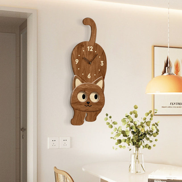10 Inch Cute Cat Wall Clock Moving Eyes Wooden Silent Clock for Room Decor Gift