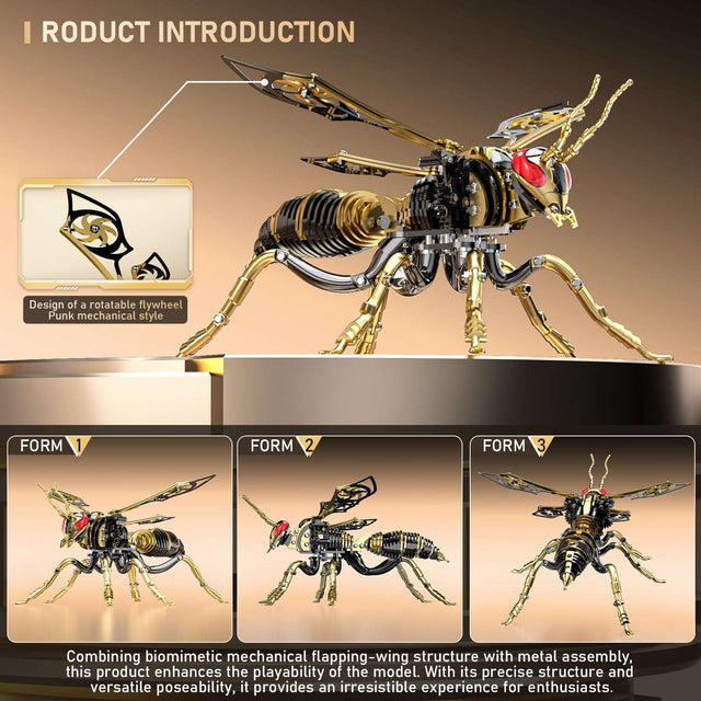 3D Wasp Stainless Steel Insects Puzzle Model Kit DIY Mechanical Animal Toys Gift（BlackGold）