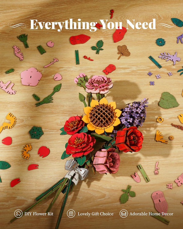 Flower Bouquet DIY 3D Wooden Puzzle  Floral Craft Kit  Creative Home Decor Gift