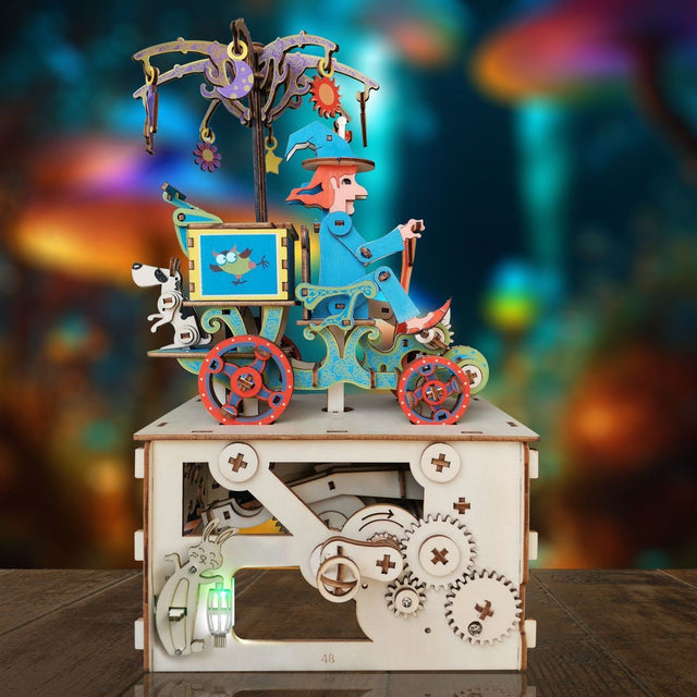 Mechanical 3D Wooden Puzzle DIY Music Box Kit Electric Car Model Fairy Tales Toy