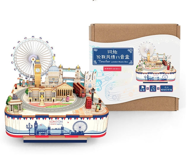 DIY Rotating Music Box Puzzle LONDON City Style 3D Wooden Puzzles Crafts Model