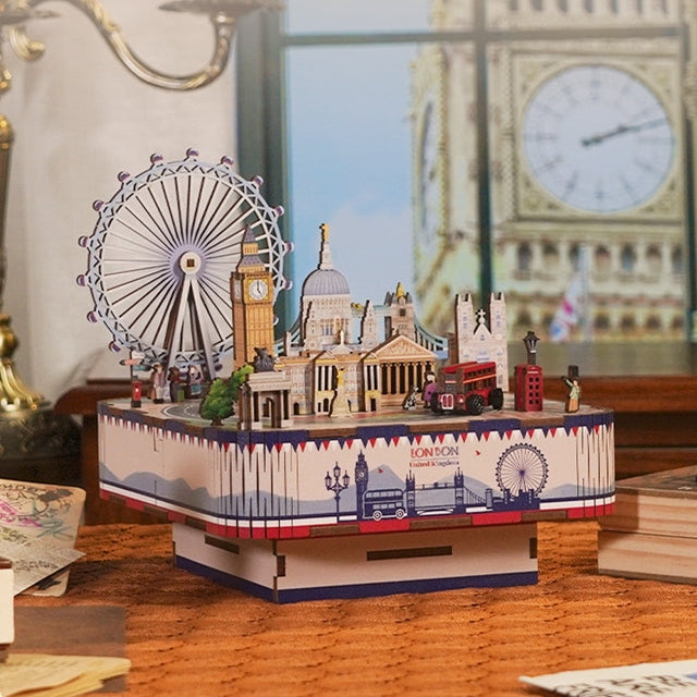 DIY Rotating Music Box Puzzle LONDON City Style 3D Wooden Puzzles Crafts Model