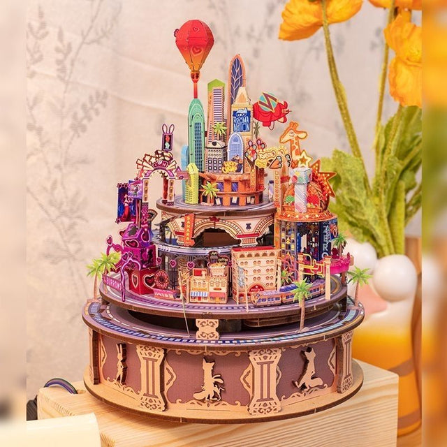 3D Wooden Puzzles Rotating Music Box Castle Town Ornament Handcrafted Model