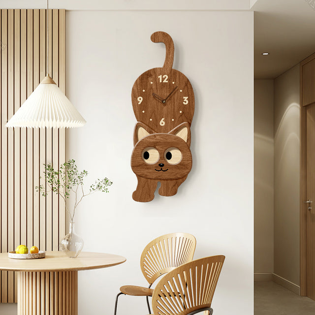10 Inch Cute Cat Wall Clock Moving Eyes Wooden Silent Clock for Room Decor Gift