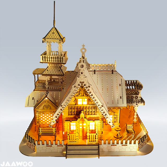3D Wooden Puzzle Vintage Villa Model Kit DIY Assembly Toy Build in Light