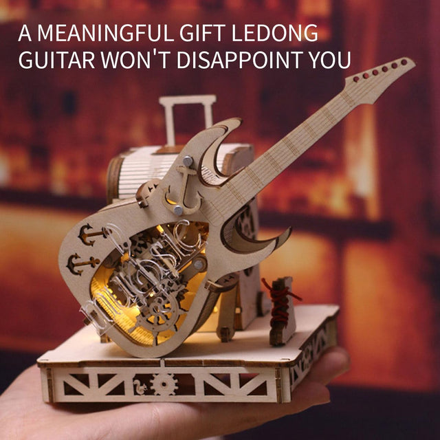 3D Wooden Music Box Puzzle Mechanical Guitar Model Wooden Kit Desktop Ornament